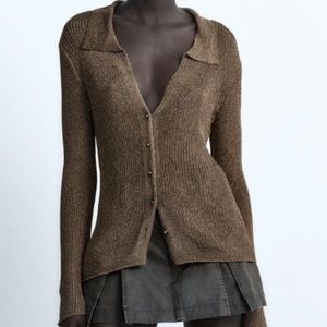 Zara S Metallic Mesh Knit Cardigan - Gold